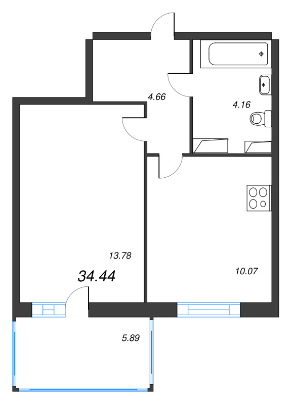 1-комнатная квартира, 34.44 м² - планировка, фото №1