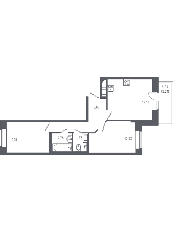 2-комнатная квартира, 48.14 м² - планировка, фото №1