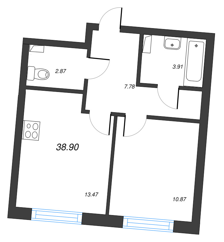 1-комнатная квартира, 38.9 м² - планировка, фото №1