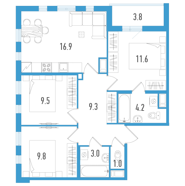 4-комнатная (Евро) квартира, 67.2 м² - планировка, фото №1