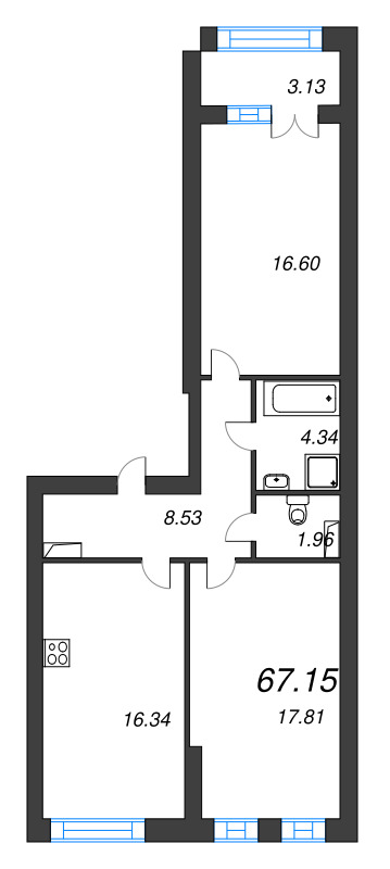 2-комнатная квартира, 67.15 м² - планировка, фото №1