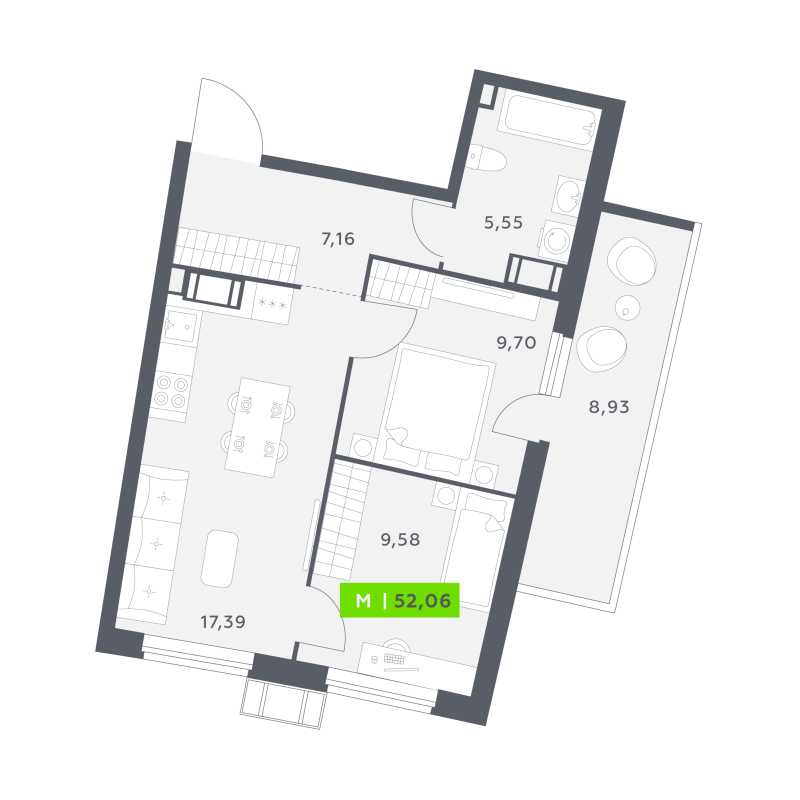 3-комнатная (Евро) квартира, 52.06 м² в ЖК "Аквилон РИВА" - планировка, фото №1