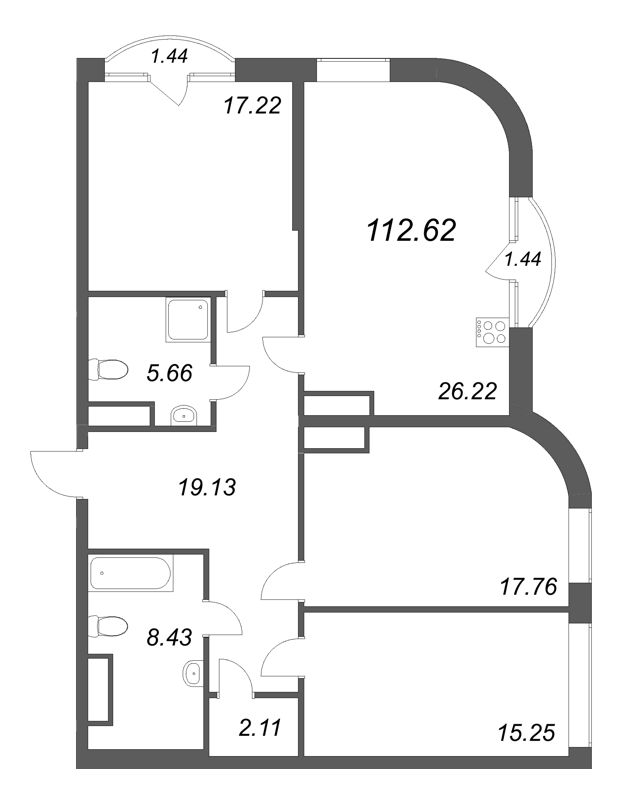 4-комнатная (Евро) квартира, 112.62 м² - планировка, фото №1