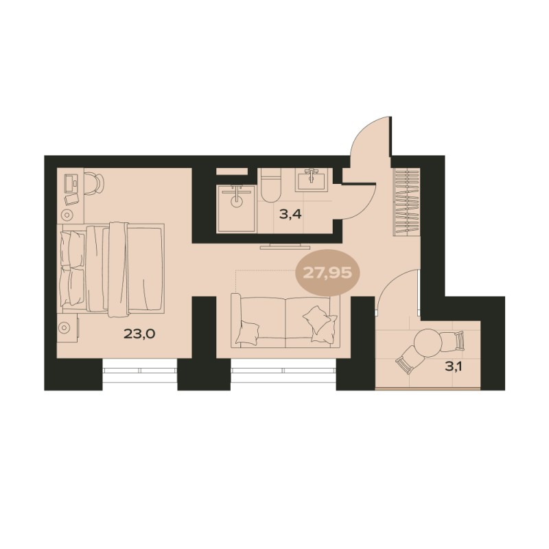 2-комнатная квартира, 29.5 м² в ЖК "Место в Смолячково" - планировка, фото №1