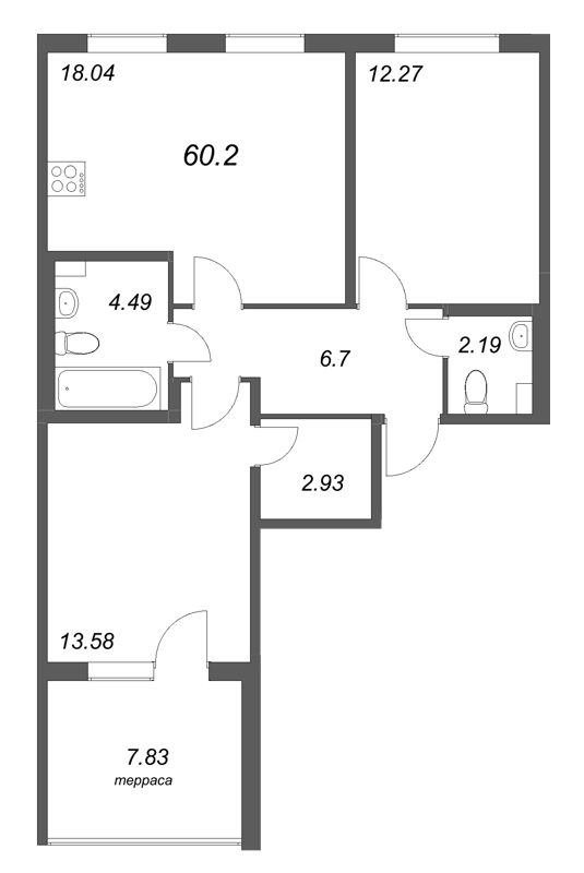 3-комнатная (Евро) квартира, 60.2 м² в ЖК "Любоград" - планировка, фото №1