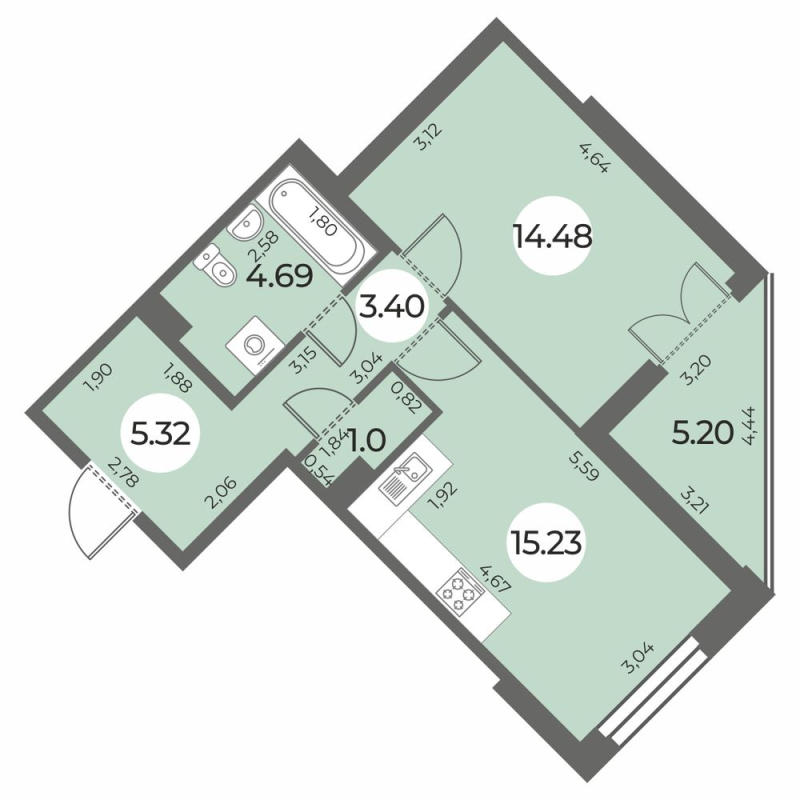 2-комнатная (Евро) квартира, 46.72 м² - планировка, фото №1