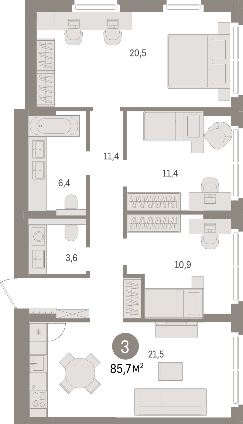 4-комнатная (Евро) квартира, 85.7 м² в ЖК "Брусника в Новоселье" - планировка, фото №1