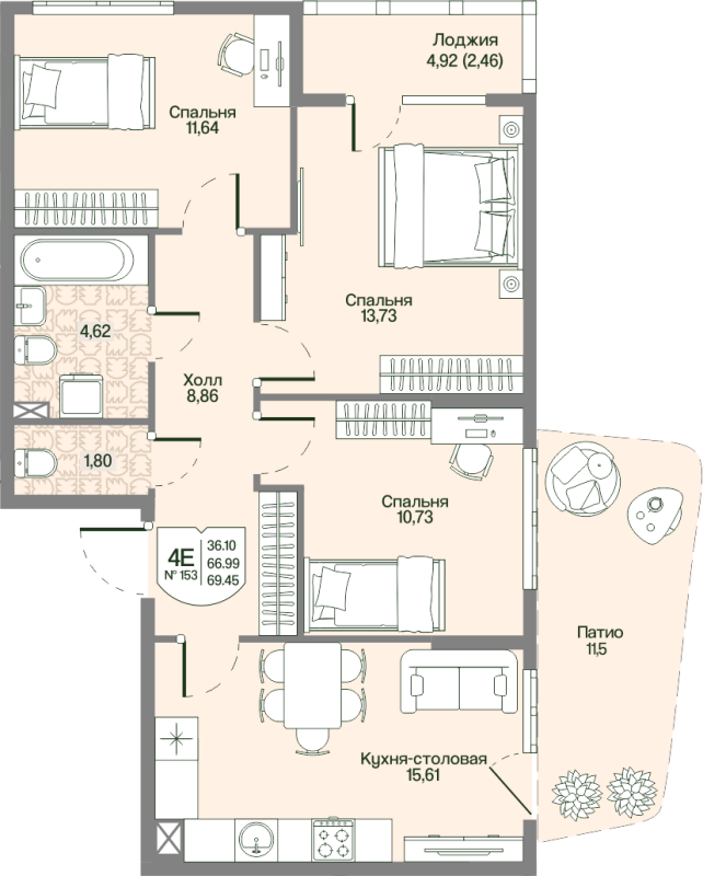 4-комнатная (Евро) квартира, 69.45 м² в ЖК "Охтинские высоты" - планировка, фото №1