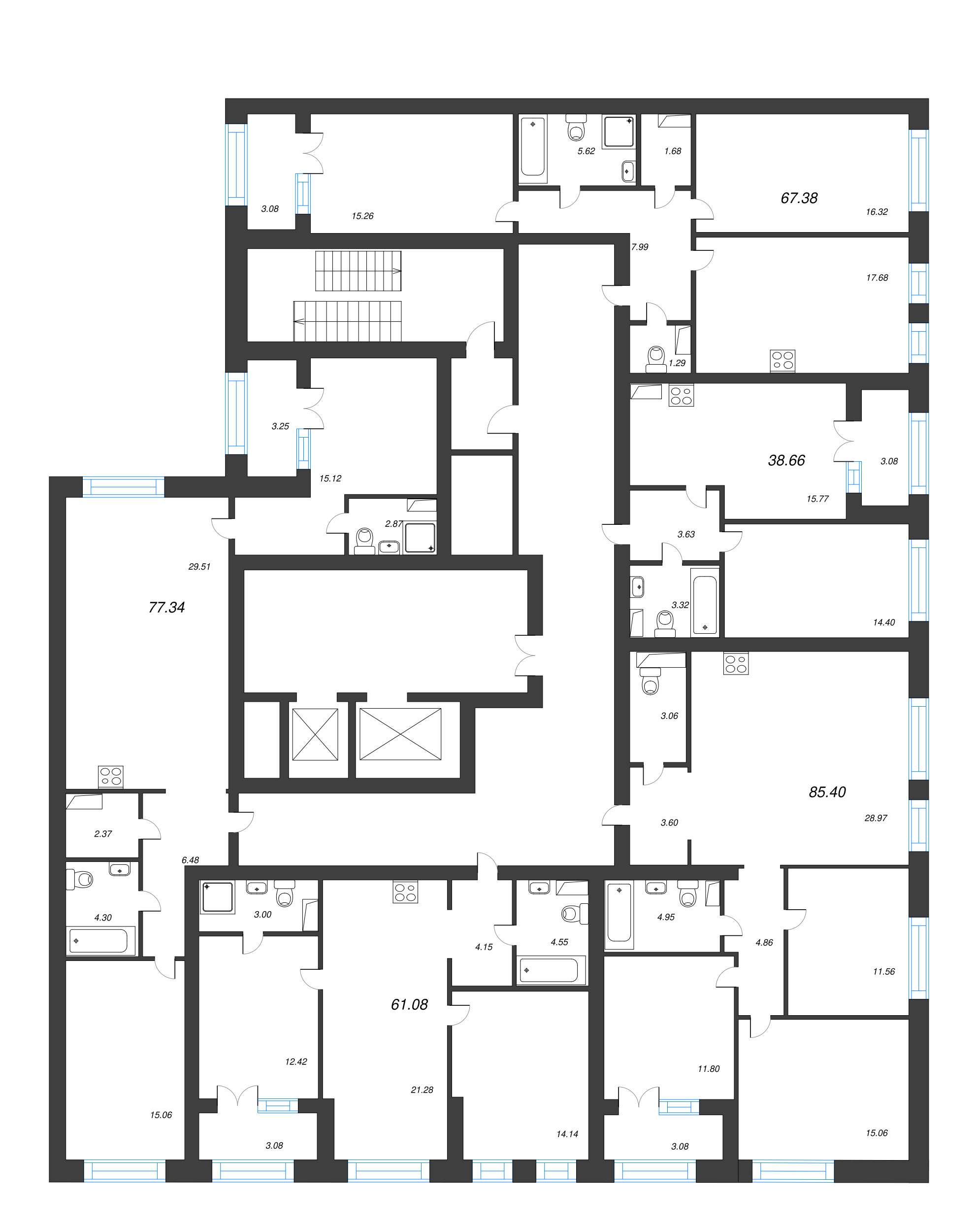 2-комнатная квартира, 67.38 м² - планировка этажа