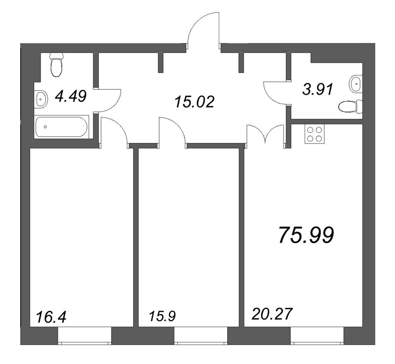 3-комнатная (Евро) квартира, 75.99 м² в ЖК "Фонтанка 130" - планировка, фото №1