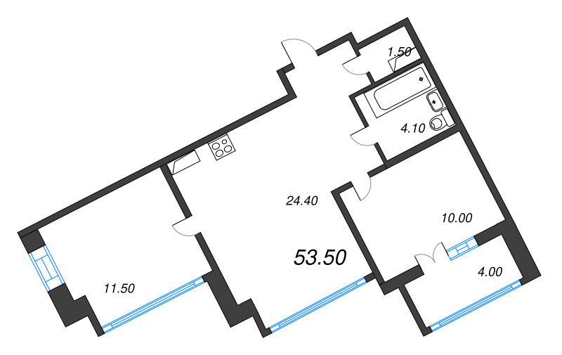 2-комнатная квартира, 54.1 м² - планировка, фото №1