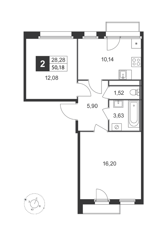 2-комнатная квартира, 50.18 м² в ЖК "Слобода" - планировка, фото №1