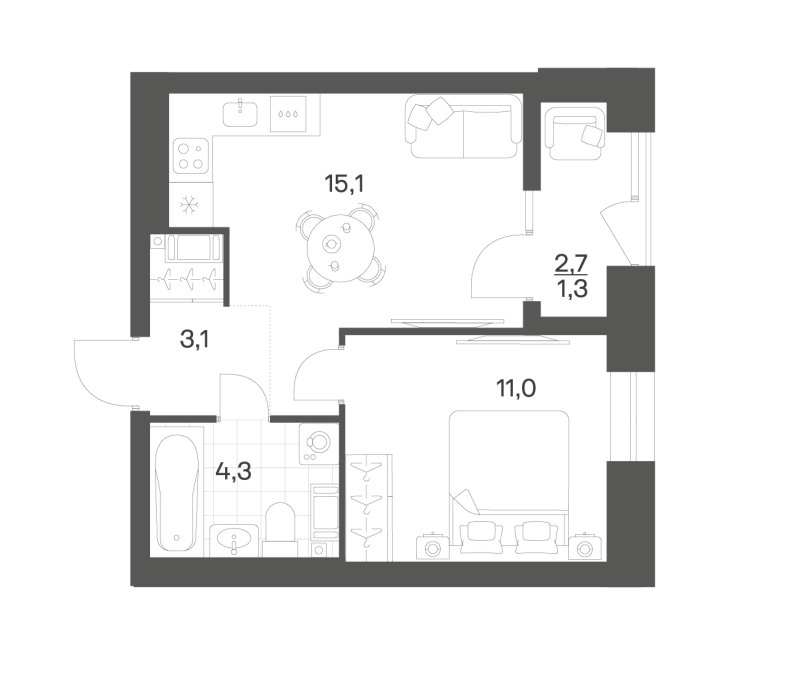 2-комнатная (Евро) квартира, 34.82 м² в ЖК "Новый Питер" - планировка, фото №1
