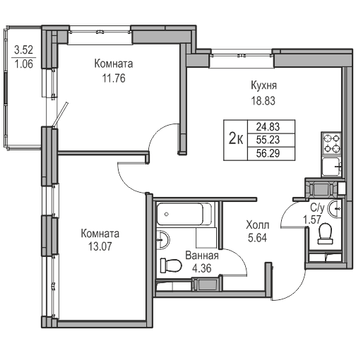 3-комнатная (Евро) квартира, 56.29 м² в ЖК "Юнтолово" - планировка, фото №1
