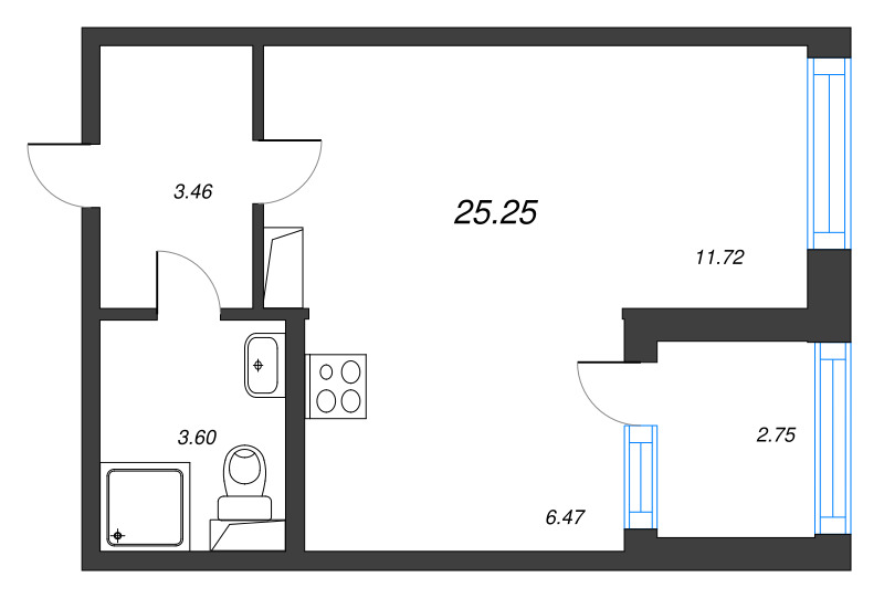 Квартира-студия, 25.25 м² в ЖК "Дубровский" - планировка, фото №1
