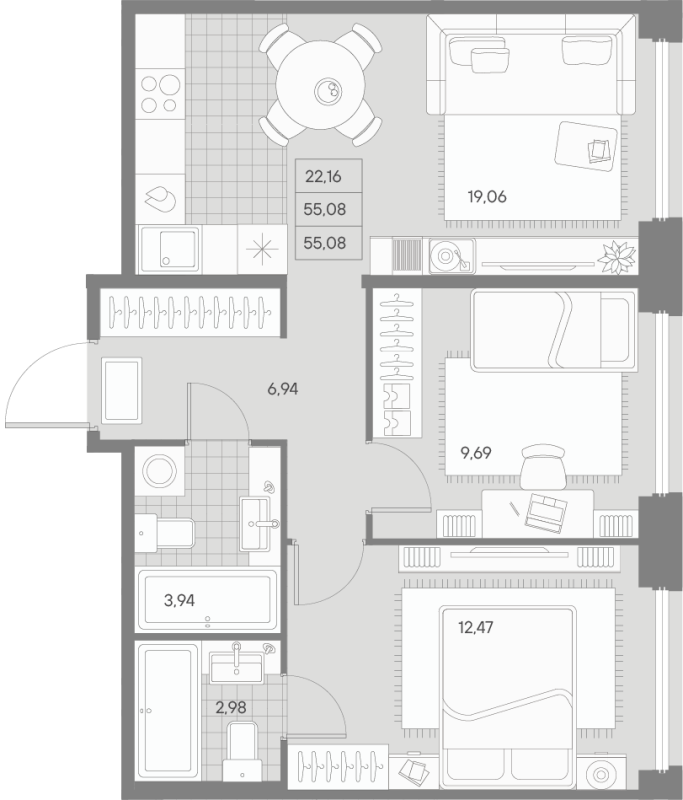 3-комнатная (Евро) квартира, 55.08 м² - планировка, фото №1