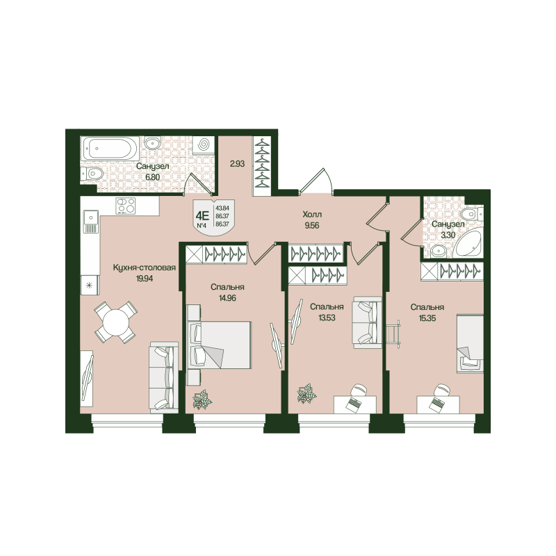 4-комнатная (Евро) квартира, 86.37 м² в ЖК "Охтинские высоты" - планировка, фото №1