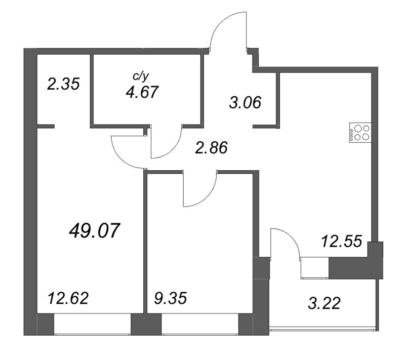 2-комнатная квартира, 49.07 м² в ЖК "Уютный" - планировка, фото №1