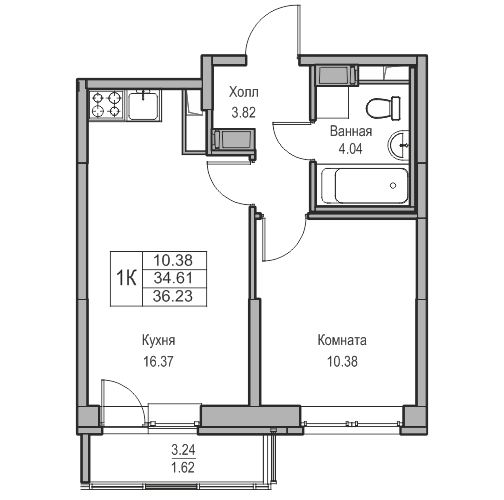 2-комнатная (Евро) квартира, 36.23 м² в ЖК "Юнтолово" - планировка, фото №1