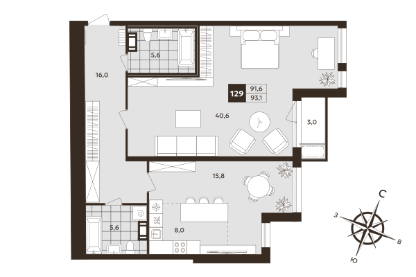 2-комнатная (Евро) квартира, 91.6 м² в ЖК "Дом на Бронницкой" - планировка, фото №1