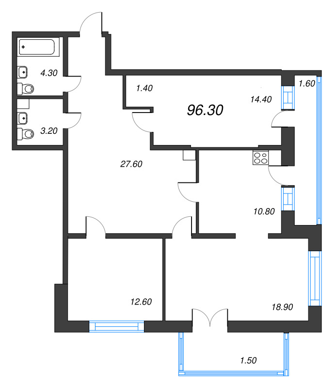 3-комнатная квартира, 96.73 м² - планировка, фото №1