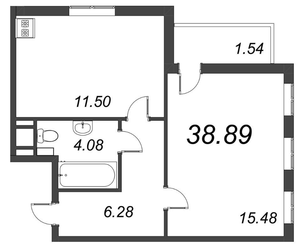 1-комнатная квартира, 38.89 м² - планировка, фото №1