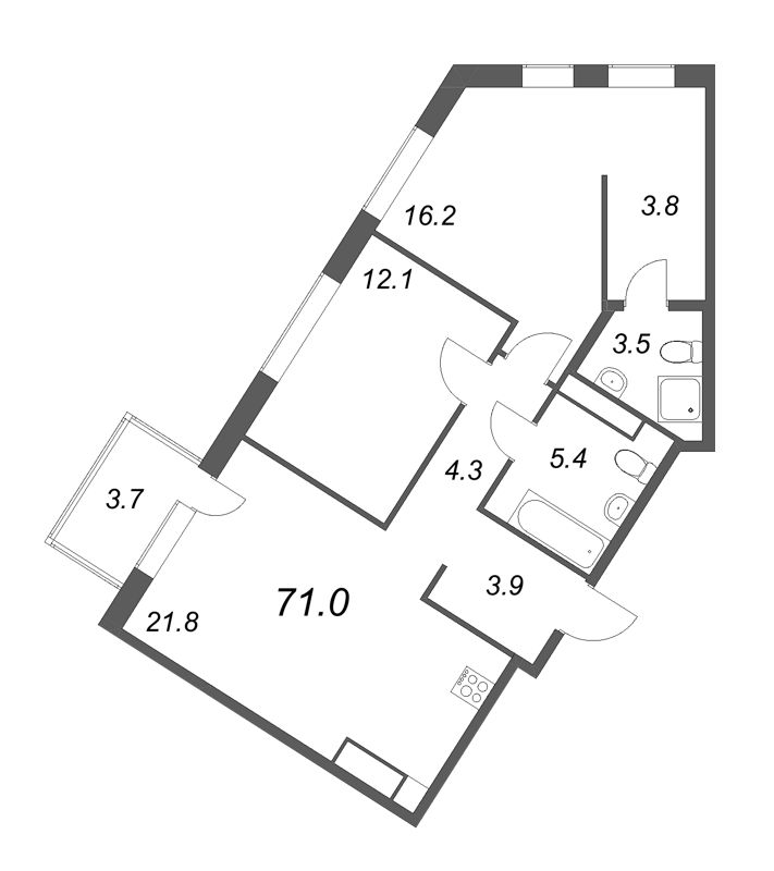 3-комнатная (Евро) квартира, 71 м² - планировка, фото №1