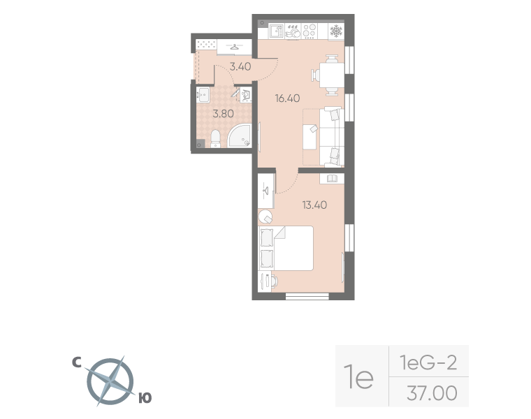 2-комнатная (Евро) квартира, 37 м² в ЖК "Октябрьская набережная" - планировка, фото №1