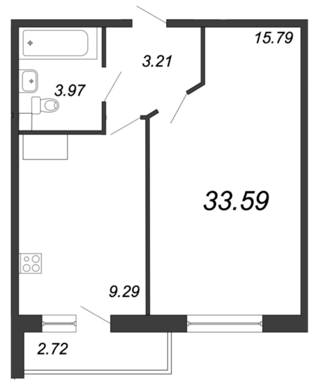 1-комнатная квартира, 33.62 м² - планировка, фото №1