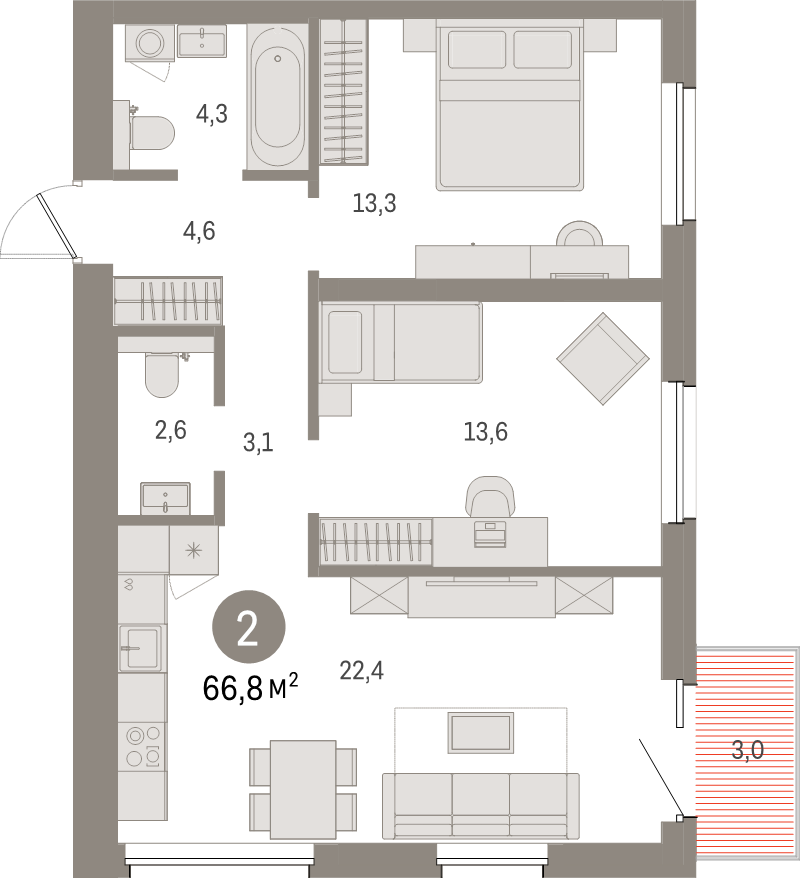 3-комнатная (Евро) квартира, 66.8 м² в ЖК "Северный ветер" - планировка, фото №1