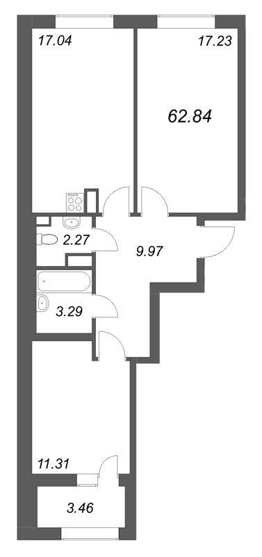 3-комнатная (Евро) квартира, 62.84 м² - планировка, фото №1