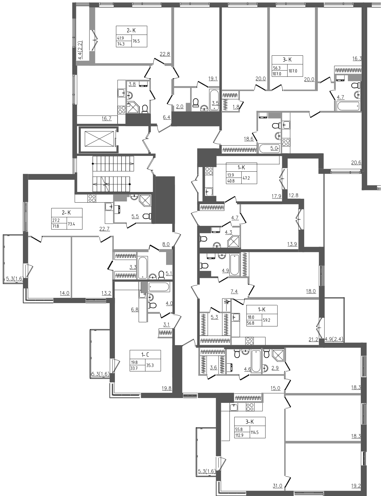 2-комнатная квартира, 76.5 м² в ЖК "Upoint" - планировка этажа