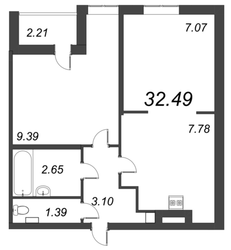 2-комнатная (Евро) квартира, 41.6 м² в ЖК "AEROCITY Family" - планировка, фото №1