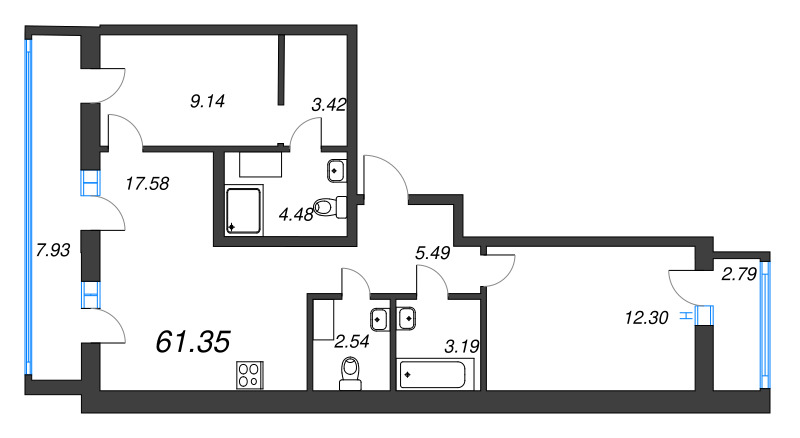3-комнатная (Евро) квартира, 61.35 м² в ЖК "ID Murino III" - планировка, фото №1