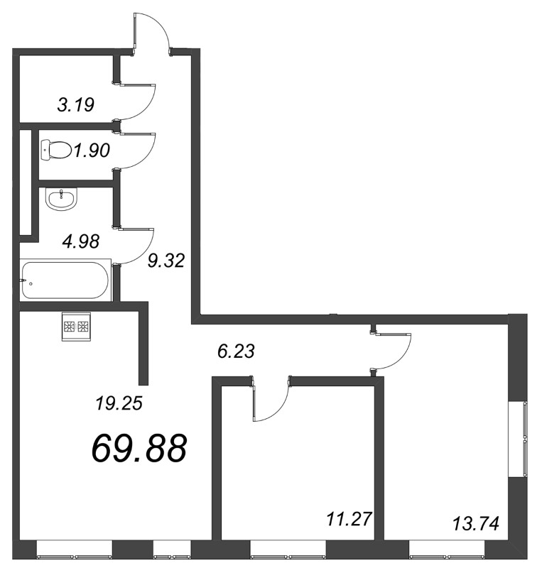3-комнатная (Евро) квартира, 71.9 м² - планировка, фото №1