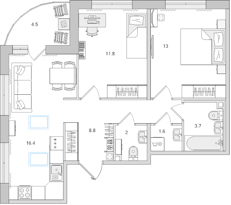 3-комнатная (Евро) квартира, 57.3 м² в ЖК "Dreamline" - планировка, фото №1