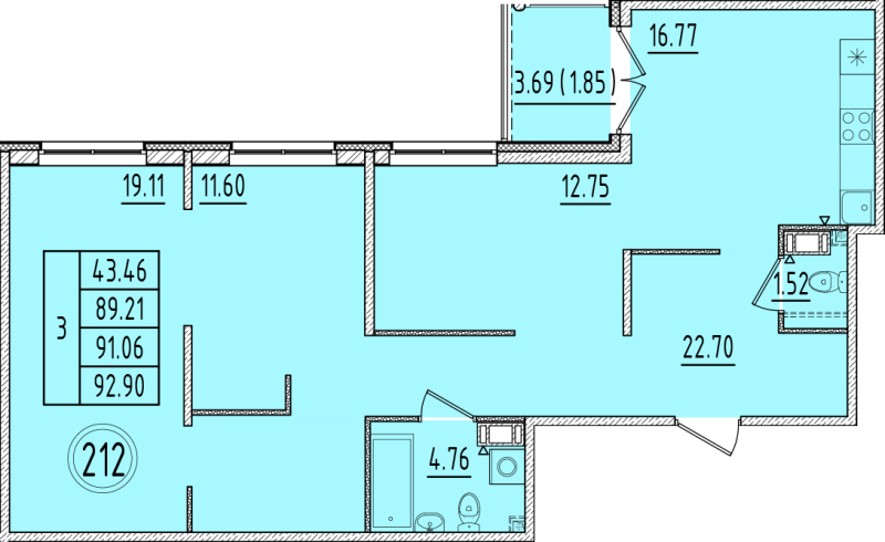 4-комнатная (Евро) квартира, 89.21 м² в ЖК "Образцовый квартал 6.4" - планировка, фото №1