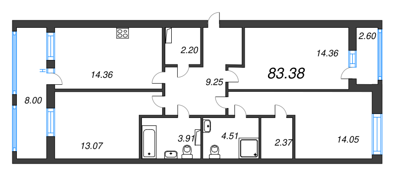 3-комнатная квартира, 83.38 м² - планировка, фото №1
