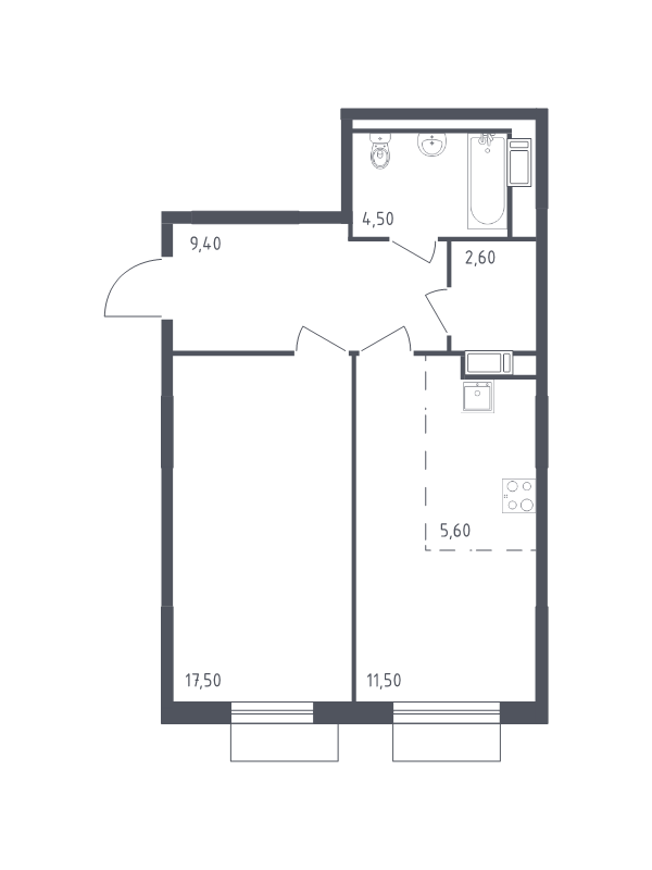 2-комнатная (Евро) квартира, 51.1 м² - планировка, фото №1