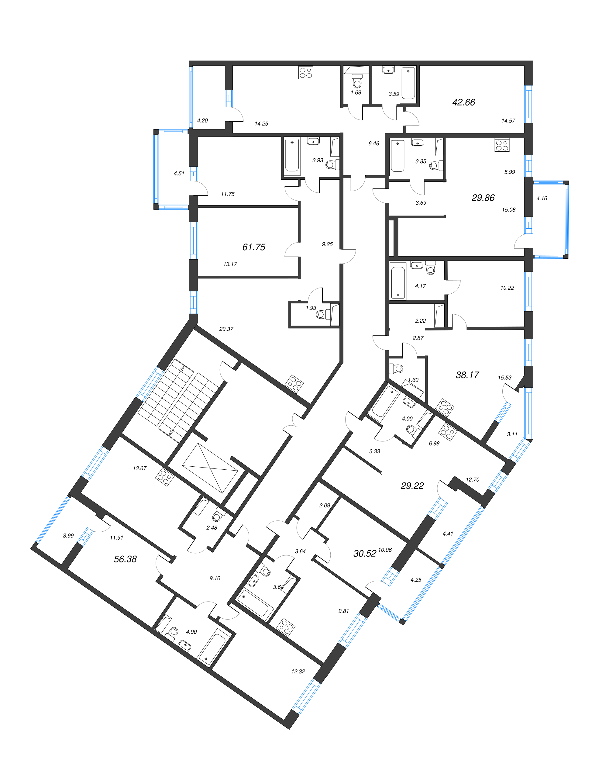 2-комнатная (Евро) квартира, 39.72 м² - планировка этажа