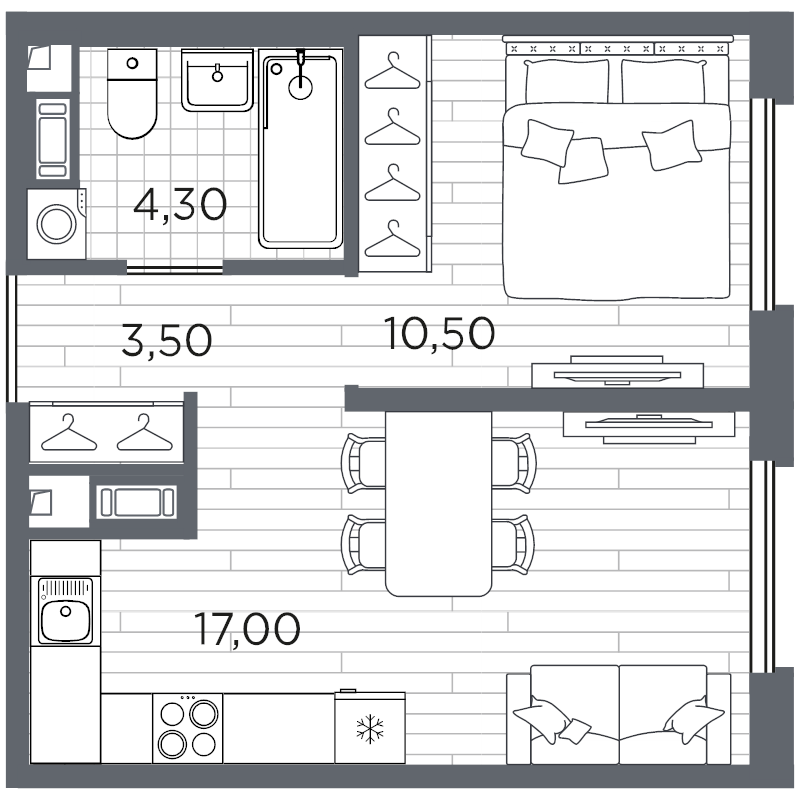2-комнатная (Евро) квартира, 35.3 м² в ЖК "PLUS Пулковский" - планировка, фото №1