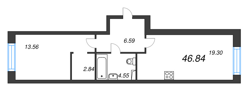 2-комнатная (Евро) квартира, 47.05 м² в ЖК "Остров Первых" - планировка, фото №1