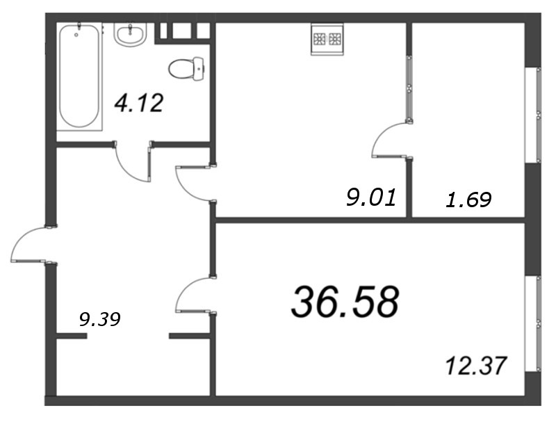 1-комнатная квартира, 39.62 м² - планировка, фото №1