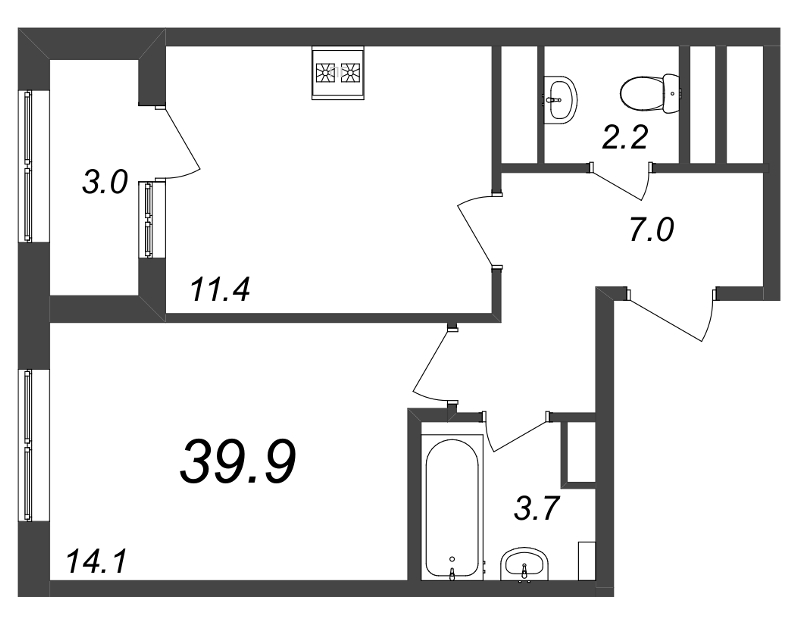 1-комнатная квартира, 39.9 м² - планировка, фото №1