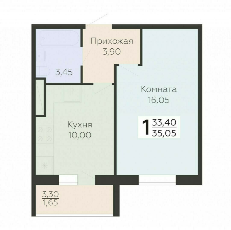 1-комнатная квартира, 35.05 м² в ЖК "Ленский" - планировка, фото №1