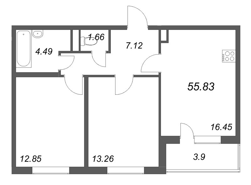 3-комнатная (Евро) квартира, 55.83 м² в ЖК "ЮгТаун" - планировка, фото №1