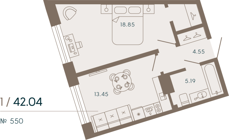 1-комнатная квартира, 42.04 м² в ЖК "17/33 Петровский остров" - планировка, фото №1