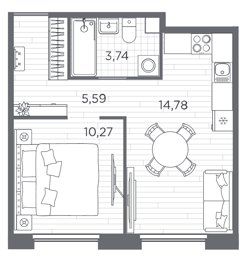 1-комнатная квартира, 34.38 м² в ЖК "PLUS Пулковский" - планировка, фото №1