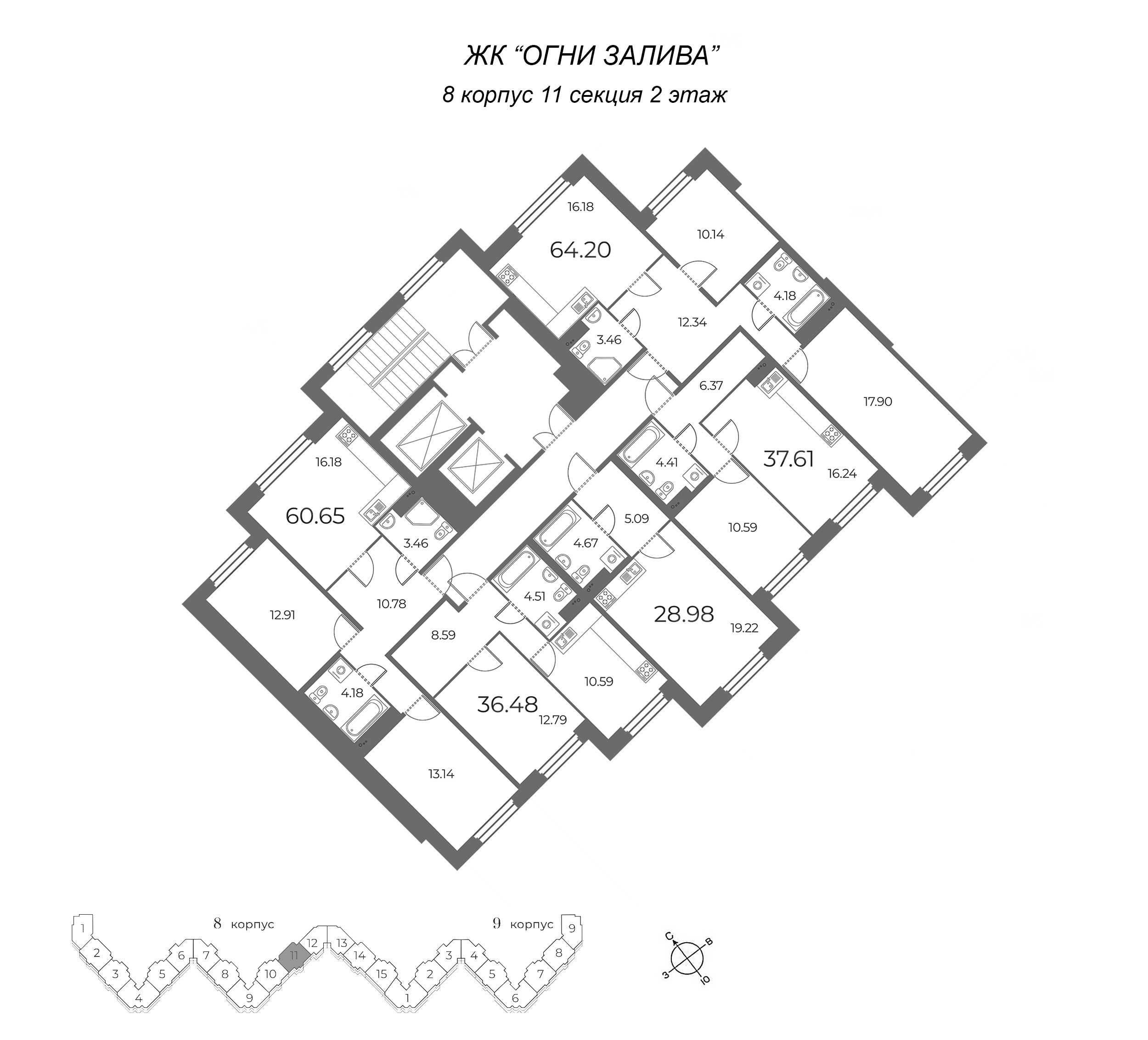 3-комнатная (Евро) квартира, 60.65 м² - планировка этажа