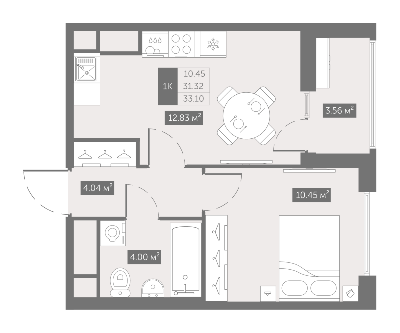 1-комнатная квартира, 33.1 м² в ЖК "UP-квартал Новый Московский" - планировка, фото №1